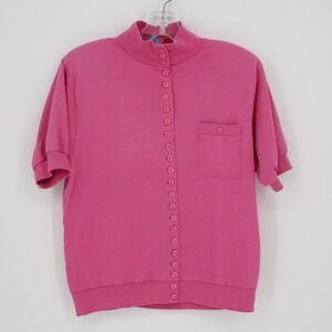 Justin Allen Vintage Women's Pink Short Sleeve Button Front Mock Neck Top Size M